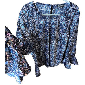 J.Crew Women Top Plus SZ 3X Black Floral Long Sleeve Flounce Ruffle Pull Over